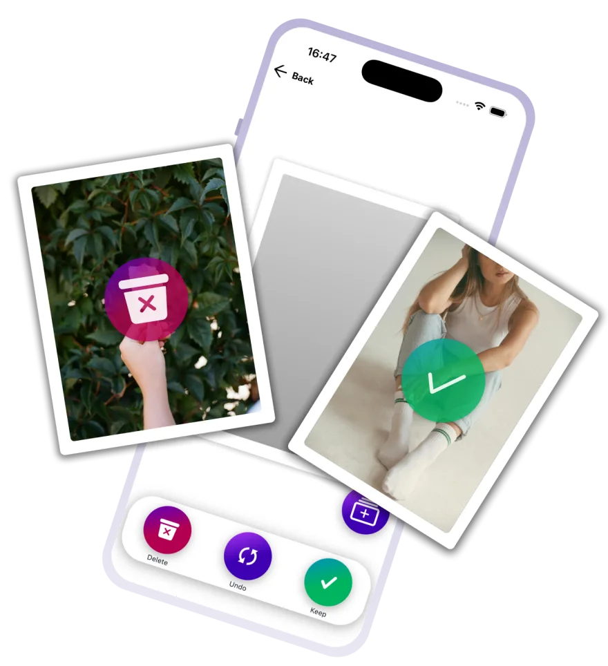 Keep. photo cleaner app running on an iPhone — swipe a photo left to delete it or right to keep it
