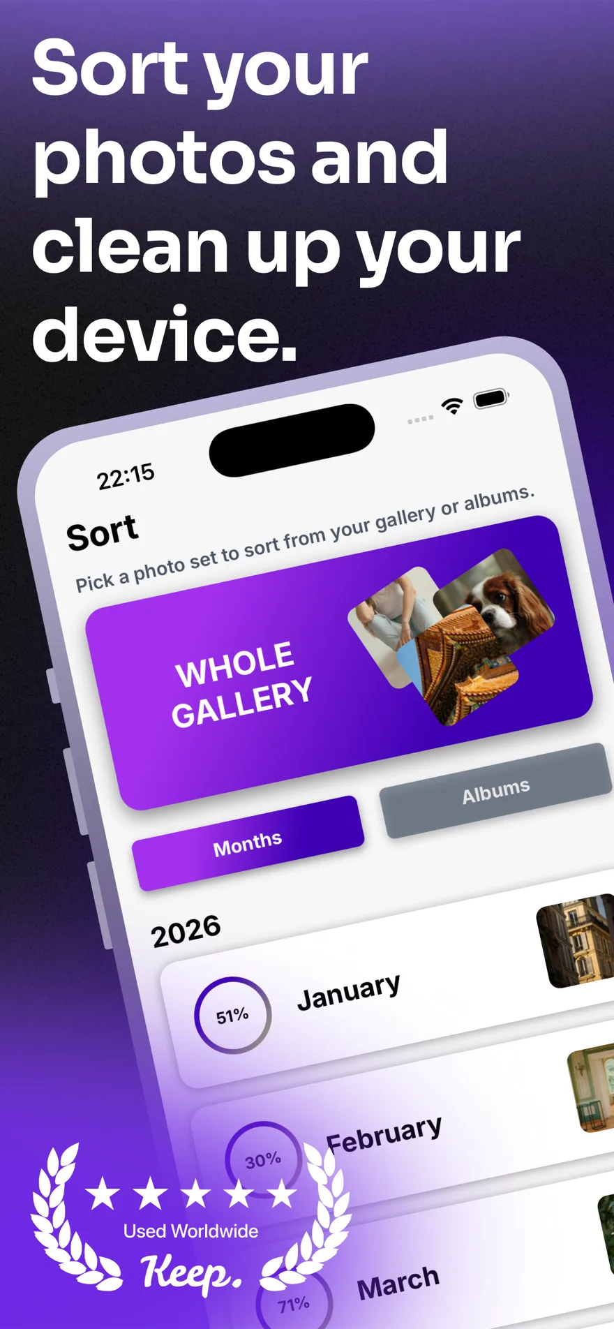 Keep. sort screen — pick your whole library or an album and work through it month by month
