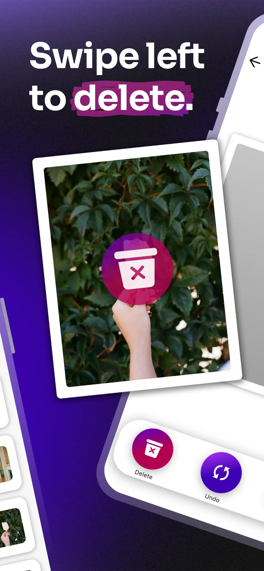 Keep. review screen — swipe left to trash a photo, with Delete and Undo always within reach